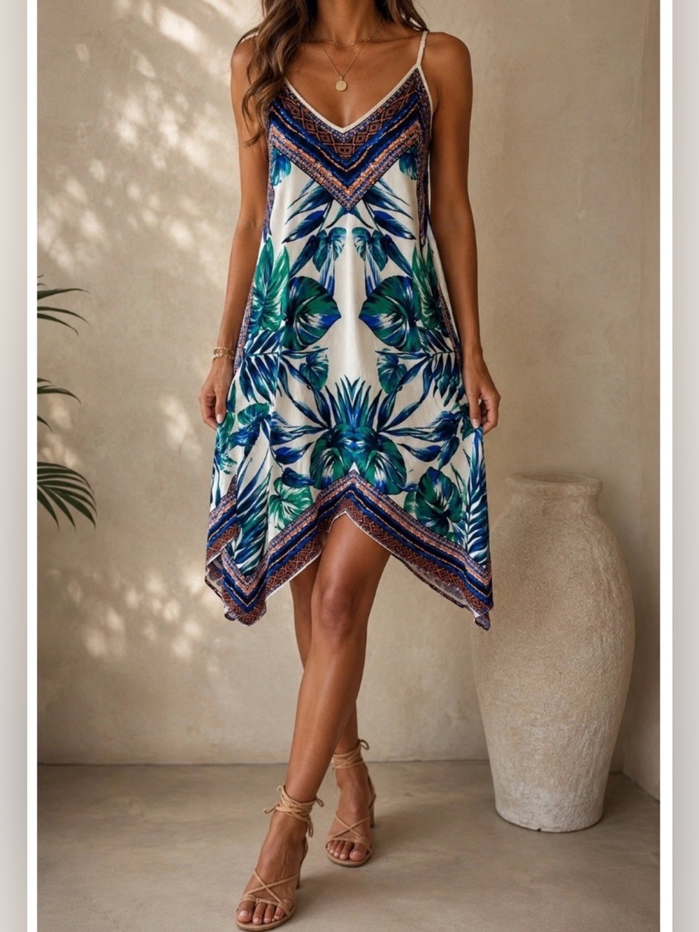 Flying Tomato Handkerchief Hem Midi Dress Womens S Tropical Palm Print